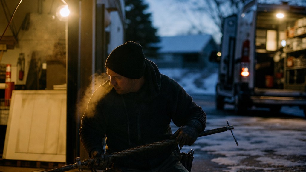 Garage door technician kneeling on a cold driveway at first light with torsion springs and winding bars in hand