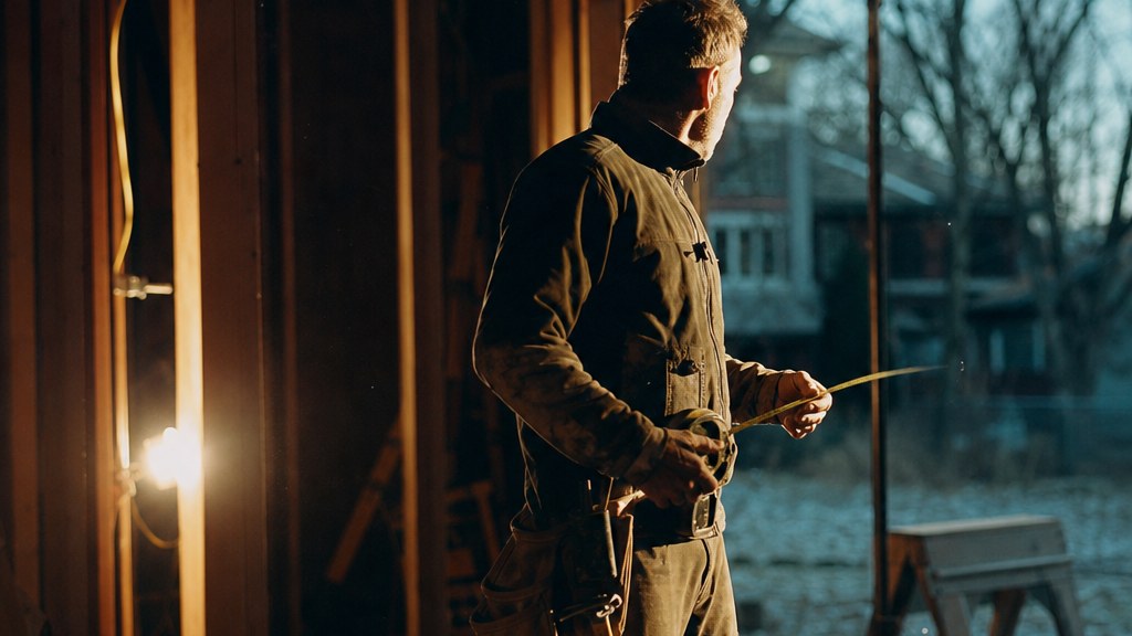 General contractor standing inside a half-framed house extension at dawn with a tape measure, sunlight cutting through the studs