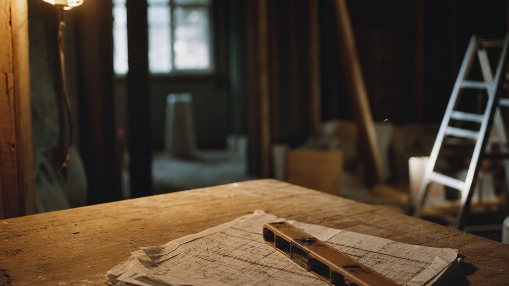 Stack of weathered site drawings and a spirit level on a plywood table in a dusty unfinished room