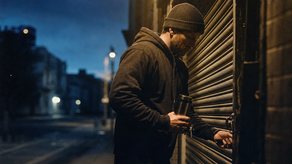 Gym owner unlocking the roller shutter of a small independent gym before sunrise with keys and a travel mug in hand
