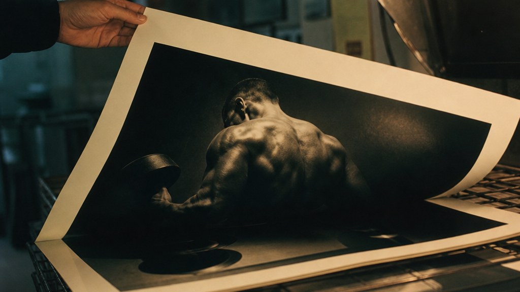 Freshly printed gym posters drying on a print shop rack with one sheet lifted at the edge of frame