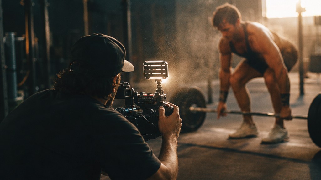 Videographer crouched on a gym floor filming a lifter mid-rep on a handheld camera with chalk dust in the air