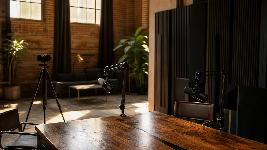 Editorial photograph of an empty podcast studio in a Fresno California converted warehouse with two microphones on boom arms, a camera on a tripod, dark acoustic panels and a walnut table, lit by warm Central Valley afternoon light through high windows