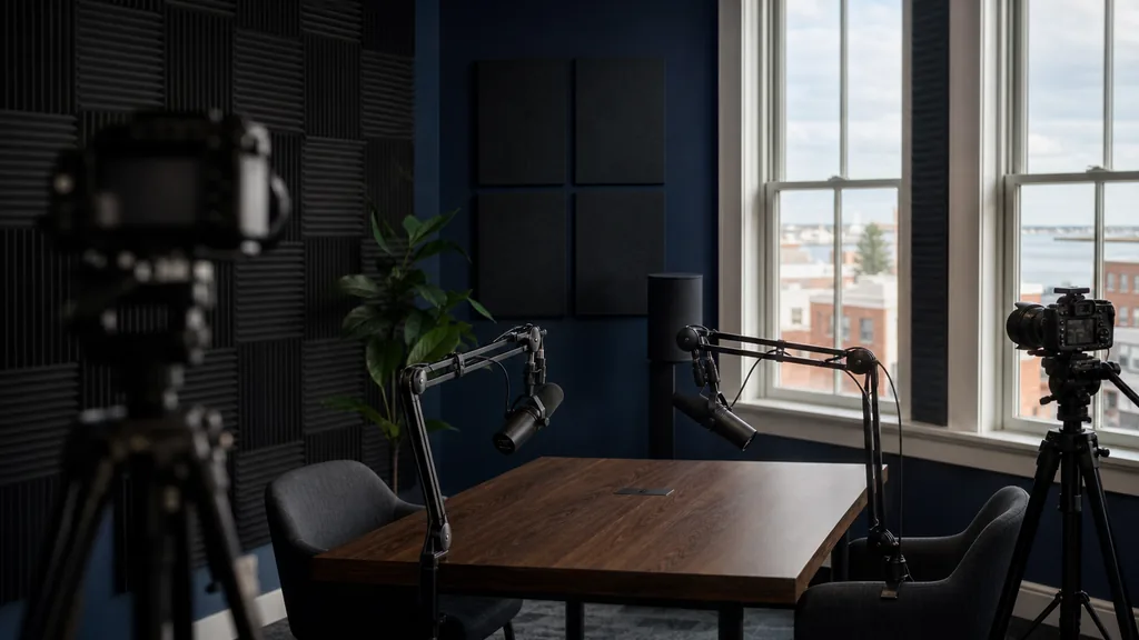 Editorial photograph of an empty podcast studio in a Norfolk Virginia downtown coworking building with two microphones on boom arms, two cameras on tripods, dark acoustic foam and a navy set wall, lit by soft coastal daylight through large sash windows