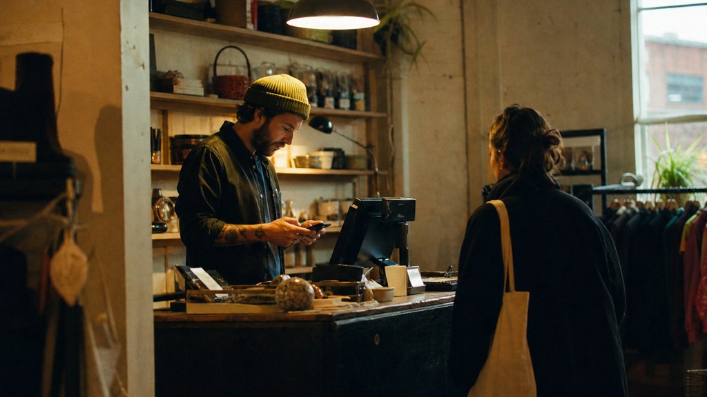 A shop manager standing behind the counter checking a phone while a customer waits at the till, photographed in Bristol