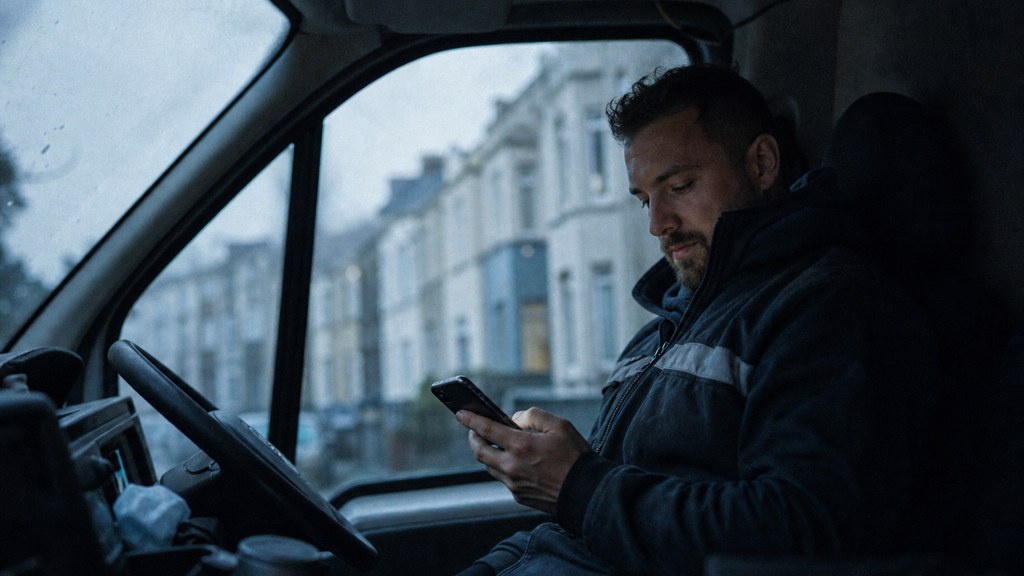 A contractor sitting in the cab of a work van reviewing a phone before driving off, photographed in Bristol