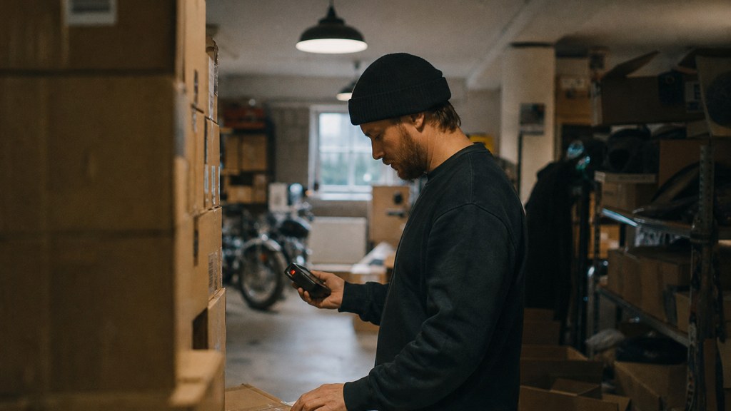 A seller checking barcodes on stacked cartons in a garage stockroom, photographed in Bristol