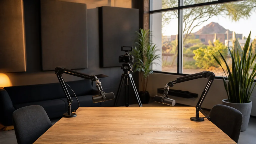 Editorial photograph of an empty podcast studio in a Phoenix Arizona metro industrial suite with two microphones on boom arms, a camera on a tripod, dark acoustic panels and a pale oak table, lit by warm desert late-afternoon light through clerestory windows