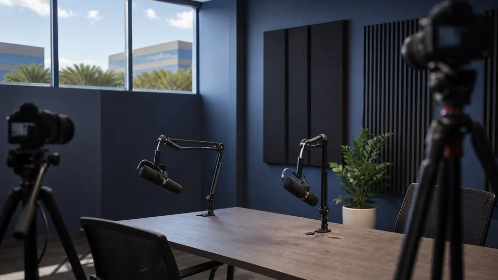 Editorial photograph of an empty podcast studio in a Virginia Beach coastal business park with two microphones on boom arms, two cameras on tripods and a deep navy set wall with soundproofing, lit by soft Atlantic daylight through high windows