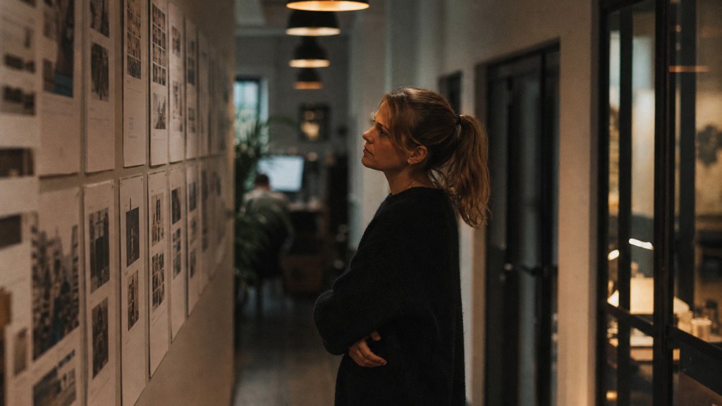 A media planner standing at a wall of printed layouts in a narrow agency corridor, photographed in Bristol