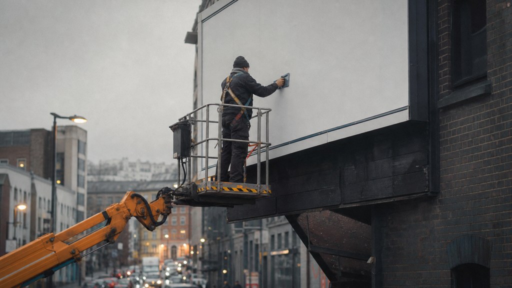 A crew member on a lift installing a blank billboard panel above a busy street, photographed in Bristol
