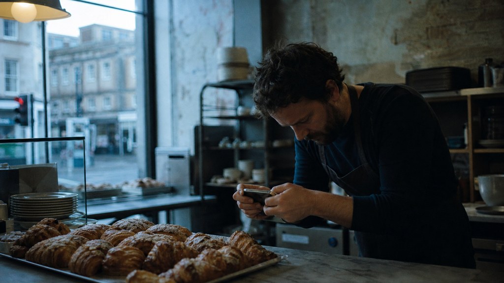 A bakery owner photographing a tray of pastries on a marble counter at dawn, photographed in Bristol