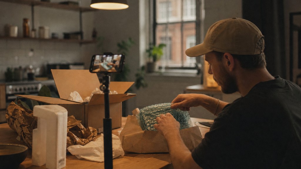A customer filming an unboxing on a kitchen table strewn with packaging, photographed in Bristol