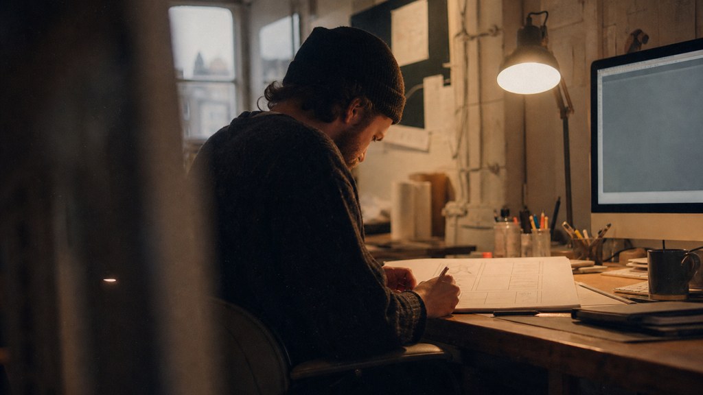 A studio designer sketching a page layout on paper beside a monitor in a dim room, photographed in Bristol