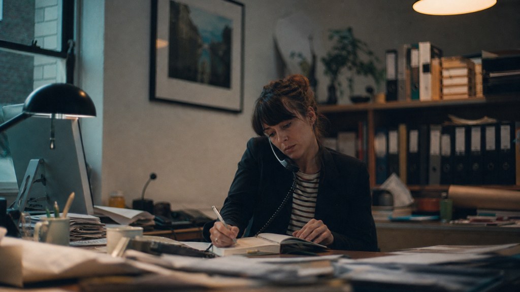 An office manager at a cluttered desk with a landline handset tucked under one ear, photographed in Bristol
