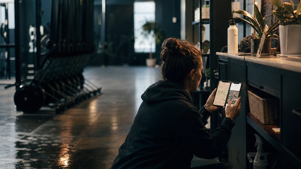 Gym owner crouched beside the front desk of her empty early-morning studio comparing map listings on her phone