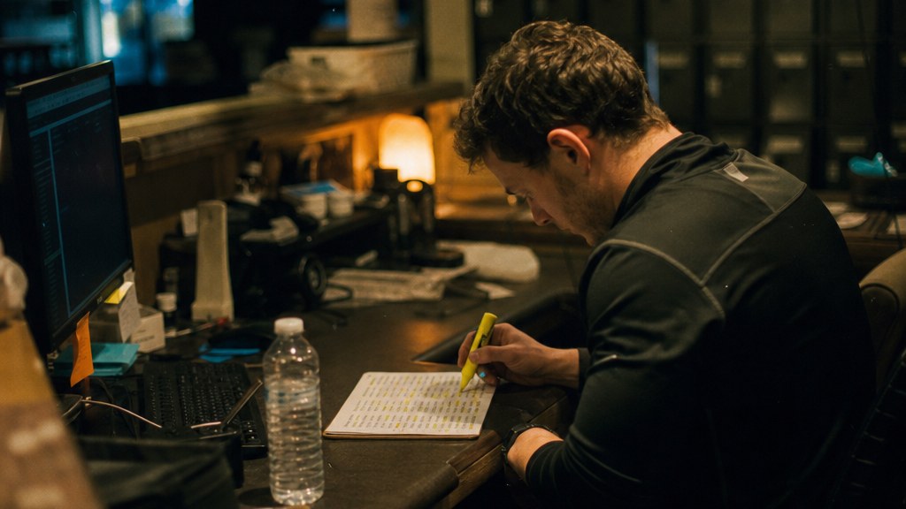 Fitness studio manager marking up a printed list of city keywords at a cluttered back-office desk after closing