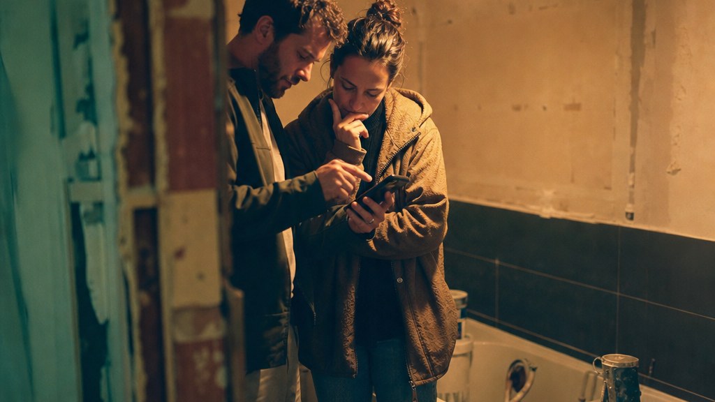 Couple in an unfinished bathroom holding a phone between them comparing contractor quotes
