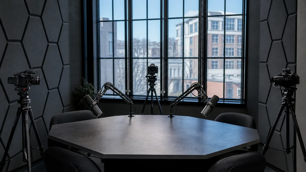 Editorial photograph of an empty podcast studio inside a converted downtown Stamford Connecticut broadcast building with two microphones on boom arms, three cameras on tripods, charcoal acoustic panels and a dark hexagonal table, lit by cool New England daylight through tall industrial windows