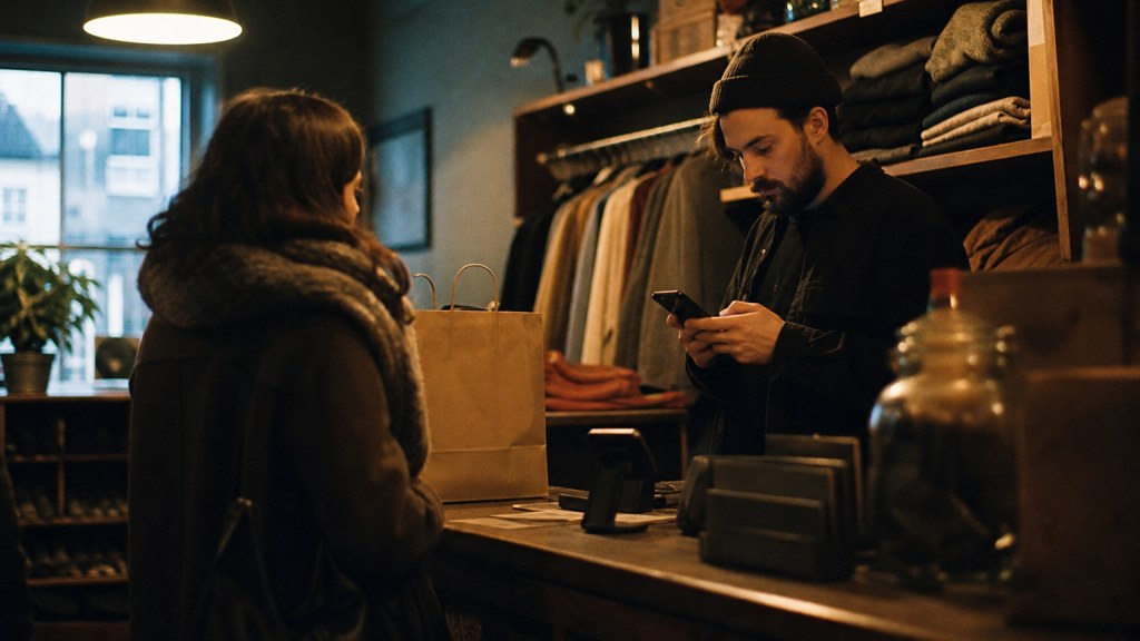 A shop manager standing behind the counter checking a phone while a customer waits at the till, photographed in Cardiff