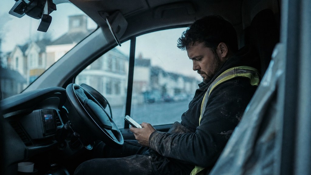 A contractor sitting in the cab of a work van reviewing a phone before driving off, photographed in Cardiff