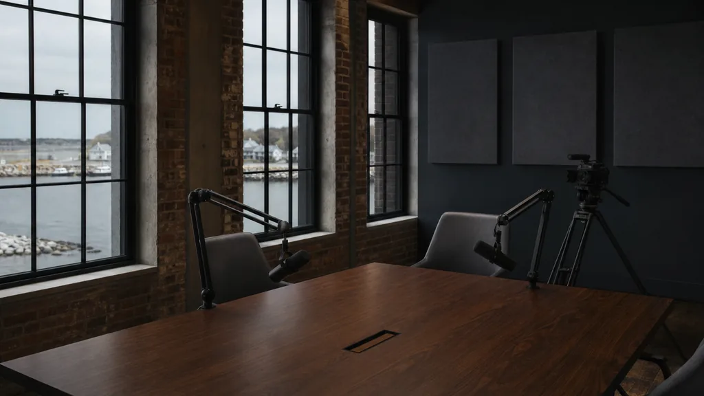 Editorial photograph of an empty podcast studio inside a converted brick factory building in coastal Connecticut with two microphones on boom arms, one camera on a tripod, charcoal acoustic panels and a dark walnut table, lit by cool grey harbour daylight through tall industrial windows
