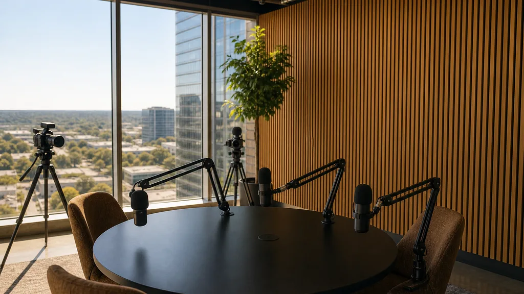 Editorial photograph of an empty podcast studio inside a modern north Texas office suite with three microphones on low boom arms, two cameras on tripods, a warm oak acoustic slat wall and a matte black round table, lit by bright afternoon sunlight through wide glass