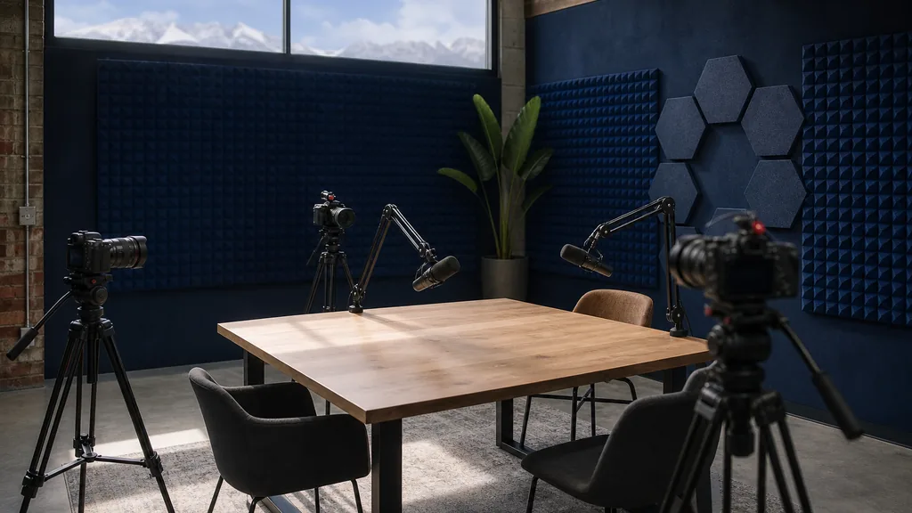 Editorial photograph of an empty podcast studio inside a Colorado Front Range warehouse conversion with two microphones on boom arms, three cameras on tripods, deep blue acoustic treatment, a pale concrete floor and a light wood table, lit by crisp high-altitude daylight through a clerestory window