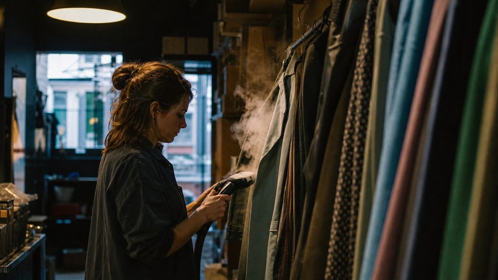A boutique owner steaming garments in a narrow shop stockroom at opening time, photographed in Cardiff