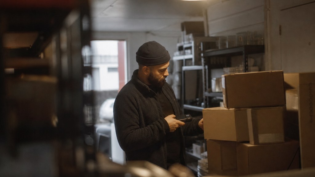A seller checking barcodes on stacked cartons in a garage stockroom, photographed in Cardiff