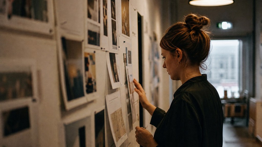 A media planner standing at a wall of printed layouts in a narrow agency corridor, photographed in Cardiff