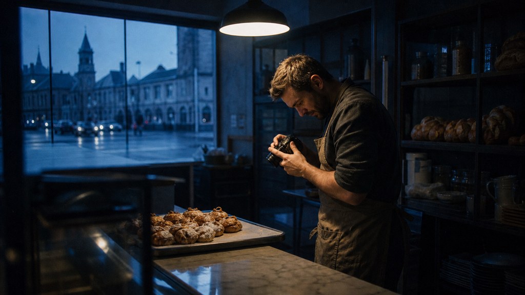 A bakery owner photographing a tray of pastries on a marble counter at dawn, photographed in Cardiff