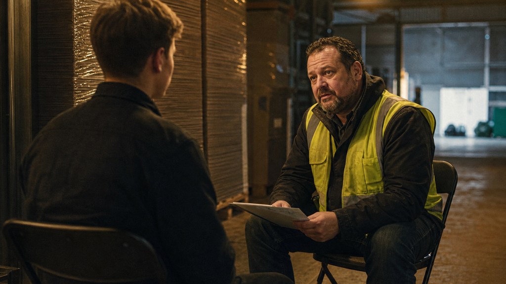 A warehouse supervisor interviewing a candidate on folding chairs beside stacked pallets, photographed in Cardiff