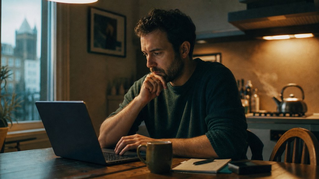 A service-business owner at a kitchen table typing a question into a laptop while a kettle steams behind, photographed in Cardiff