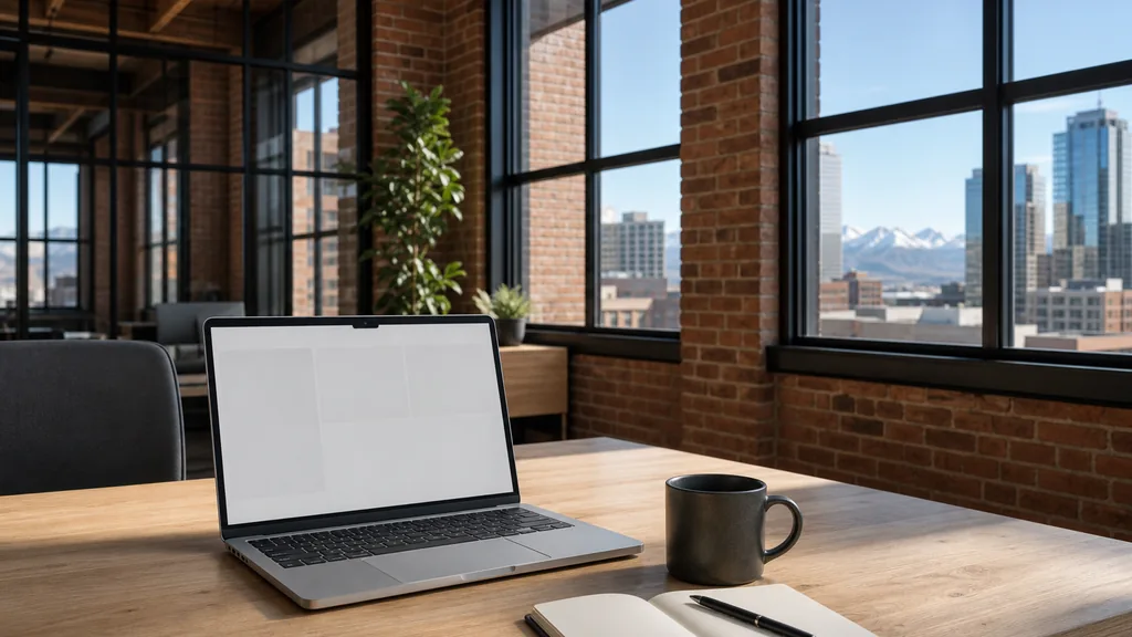 Editorial photograph of an empty modern B2B agency workspace in a Denver brick-and-timber loft with a laptop showing a blank dashboard, a notebook and a coffee cup on a light wood desk, exposed brick and black steel window frames, lit by crisp high-altitude morning daylight