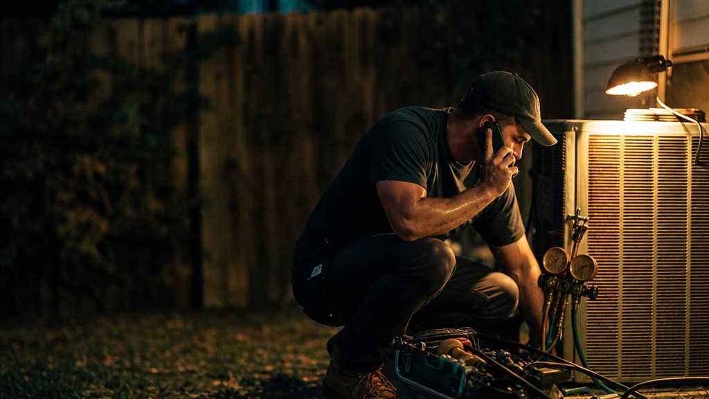 HVAC technician crouched beside a condenser unit in a back yard at dusk taking a call on a dusty phone