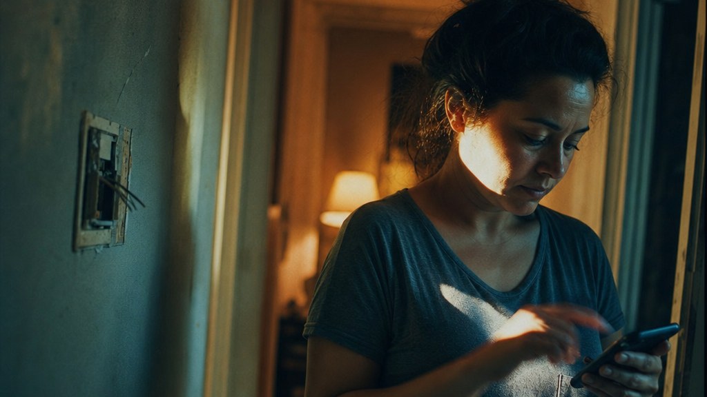 Homeowner standing in a hot hallway tapping an emergency AC repair ad on her phone