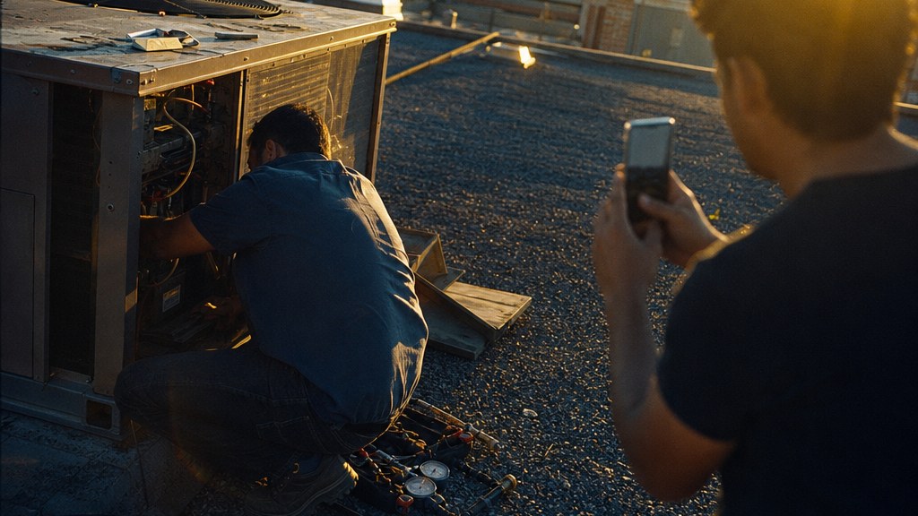 Technician filmed on a phone while kneeling beside a rooftop unit at golden hour, tools scattered around him