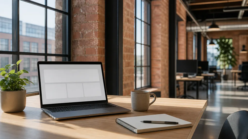 Editorial photograph of an empty modern B2B agency workspace in an Atlanta loft office with a laptop showing a blank dashboard, a notebook and a coffee cup on a light wood desk, brick walls and black steel window frames, lit by soft southern morning daylight