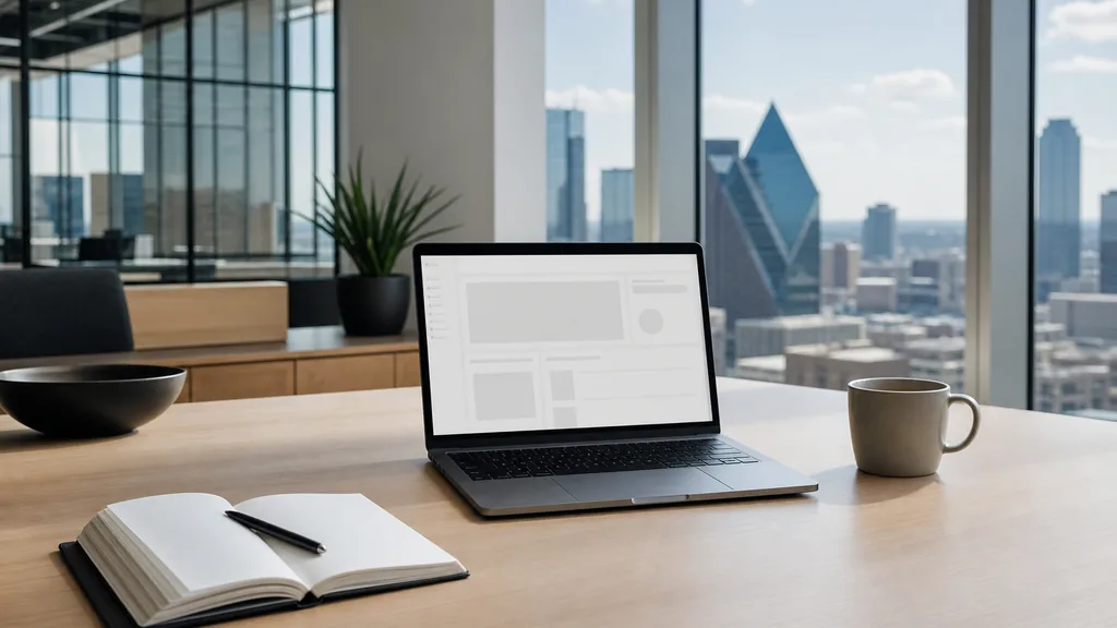 Editorial photograph of an empty modern B2B agency workspace in a Dallas office with a laptop showing a blank dashboard, a notebook and a coffee cup on a pale wood desk, glass partitions and black steel window frames, lit by bright Texas morning daylight