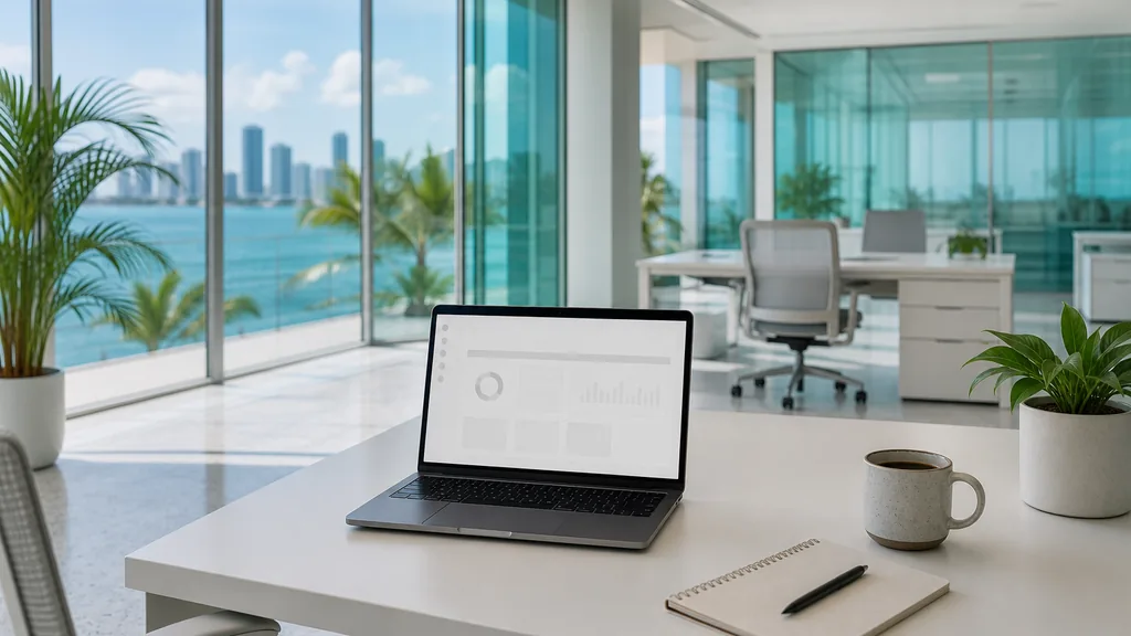 Editorial photograph of an empty modern B2B agency workspace in a Miami office with a laptop showing a blank dashboard, a notebook and a coffee cup on a light wood desk, white walls, palm shadows and black steel window frames, lit by bright coastal morning daylight
