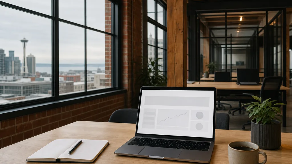 Editorial photograph of an empty modern B2B agency workspace in a Seattle office with a laptop showing a blank dashboard, a notebook and a coffee cup on a pale wood desk, exposed brick, evergreen plants and black steel window frames, lit by soft grey Pacific Northwest morning daylight