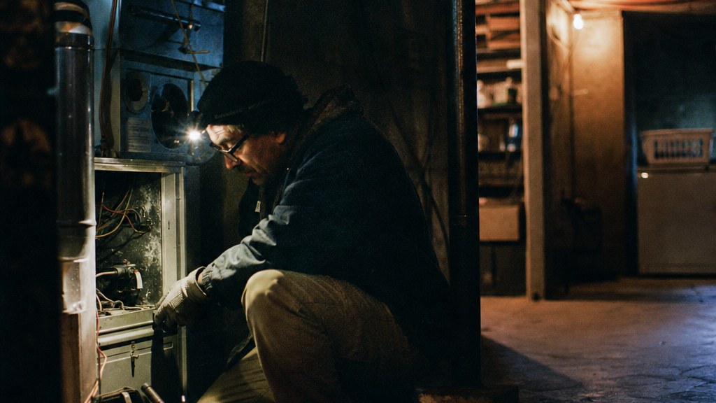 HVAC technician kneeling in a cramped basement beside an open furnace panel, torchlight raking across dusty ductwork