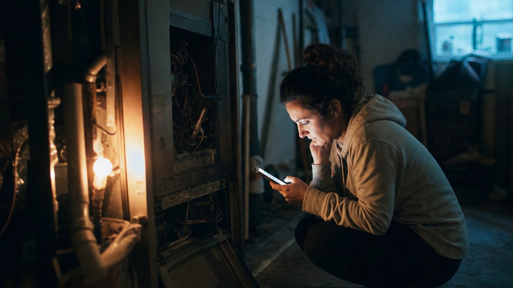 Homeowner crouched beside a dead furnace in a dim utility room, phone lighting her face as she scrolls for a contractor
