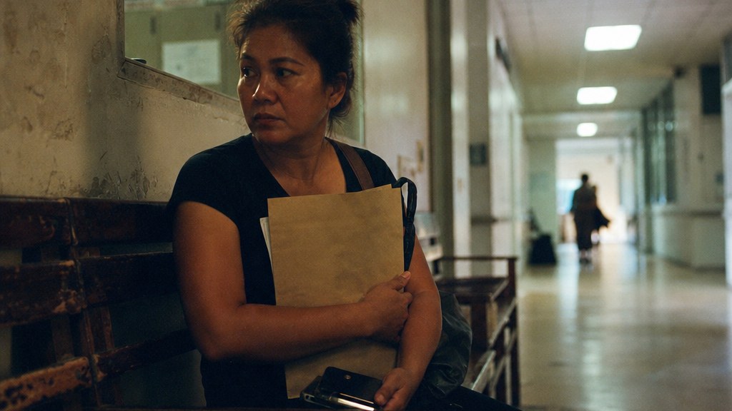 Woman waiting on a bench in a fluorescent government corridor, clutching a document folder and her phone
