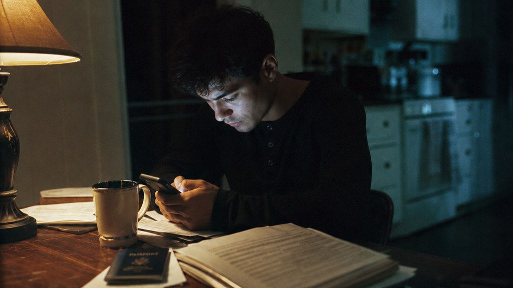 Young man alone at a kitchen table at night reading his phone beside a stack of immigration paperwork and a passport