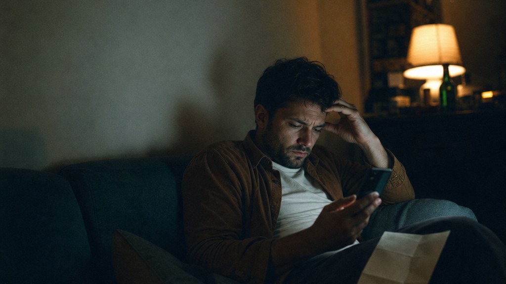 Man on a sofa late at night comparing coverage on his phone with a folded renewal letter on his knee