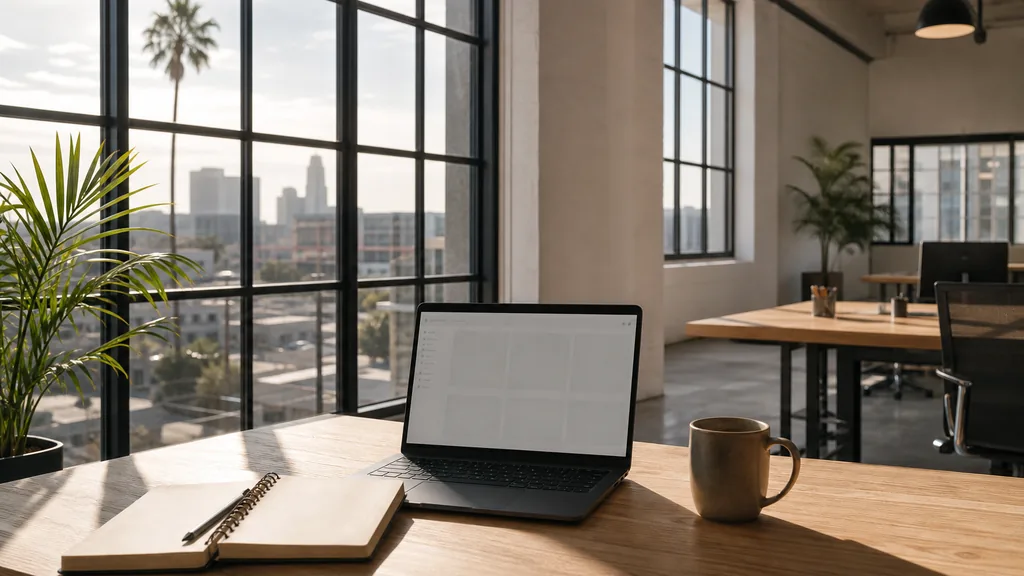 Editorial photograph of an empty modern B2B agency workspace in a Los Angeles creative loft with a laptop showing a blank dashboard, a notebook and a coffee cup on a pale oak desk, white walls, black steel windows and a potted palm, lit by warm late-afternoon Californian daylight