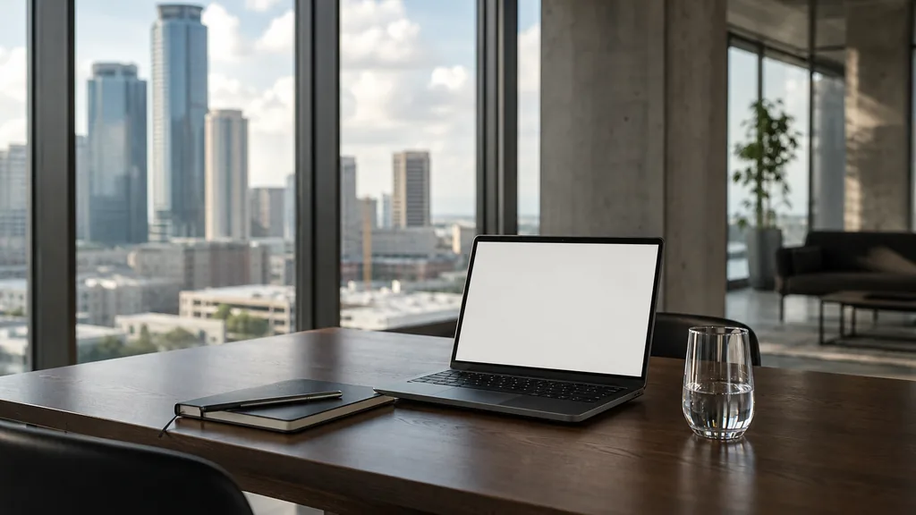Editorial photograph of an empty modern B2B agency workspace in a Houston high-rise office with a laptop showing a blank screen, a notebook and a glass of water on a dark walnut desk, floor-to-ceiling glass and warm grey concrete, lit by bright humid Gulf Coast morning light