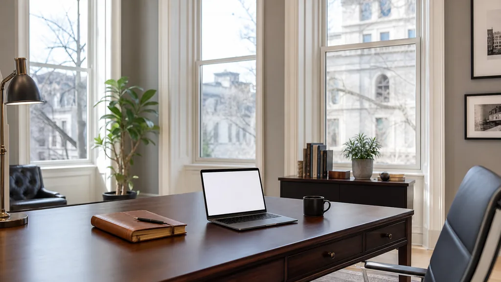 Editorial photograph of an empty modern B2B agency workspace in a Washington DC townhouse office with a laptop showing a blank screen, a leather notebook and a coffee cup on a mahogany desk, tall sash windows and pale stone light, lit by crisp winter morning daylight